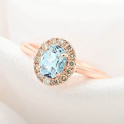 Luxoro 14K Rose Gold  AAA  Santamaria Aquamarine, White Diamond I2 Ring (Size 12.0) ,  Gold Wt. 2.66 g 1.05 ctw