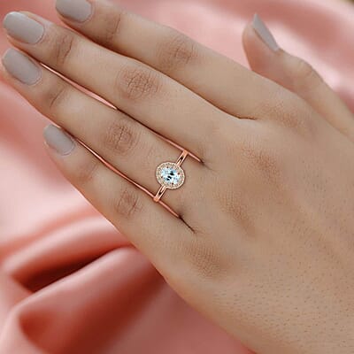 Luxoro 14K Rose Gold  AAA  Santamaria Aquamarine, White Diamond I2 Ring (Size 12.0) ,  Gold Wt. 2.66 g 1.05 ctw