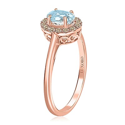 Luxoro 14K Rose Gold  AAA  Santamaria Aquamarine, White Diamond I2 Ring (Size 12.0) ,  Gold Wt. 2.66 g 1.05 ctw