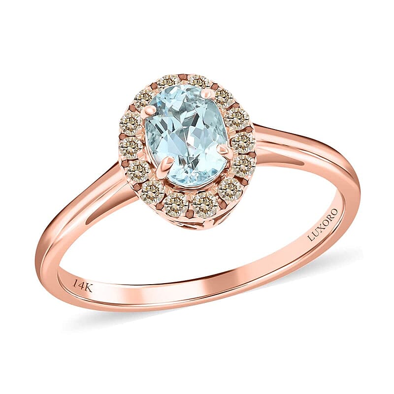 Luxoro 14K Rose Gold  AAA  Santamaria Aquamarine, White Diamond I2 Ring (Size 5.0) ,  Gold Wt. 2.66 g 1.05 ctw