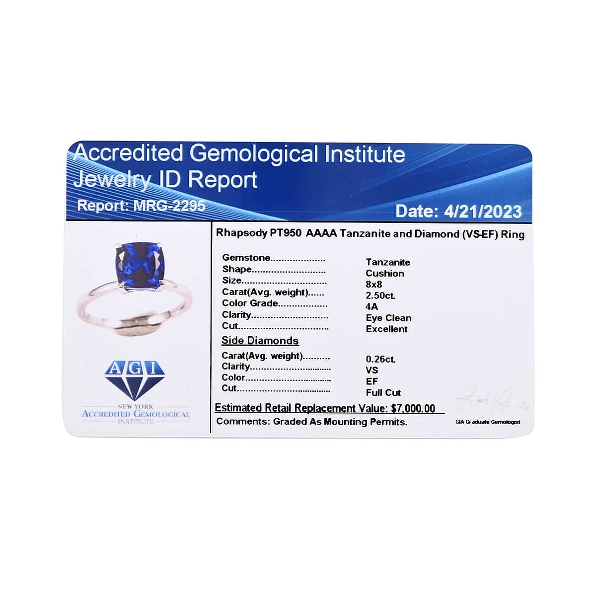 Certified & Appraised Rhapsody 950 Platinum AAAA Tanzanite and E-F VS Diamond Ring (Size 5.5) 2.75 ctw 4.40 Grams image number 5