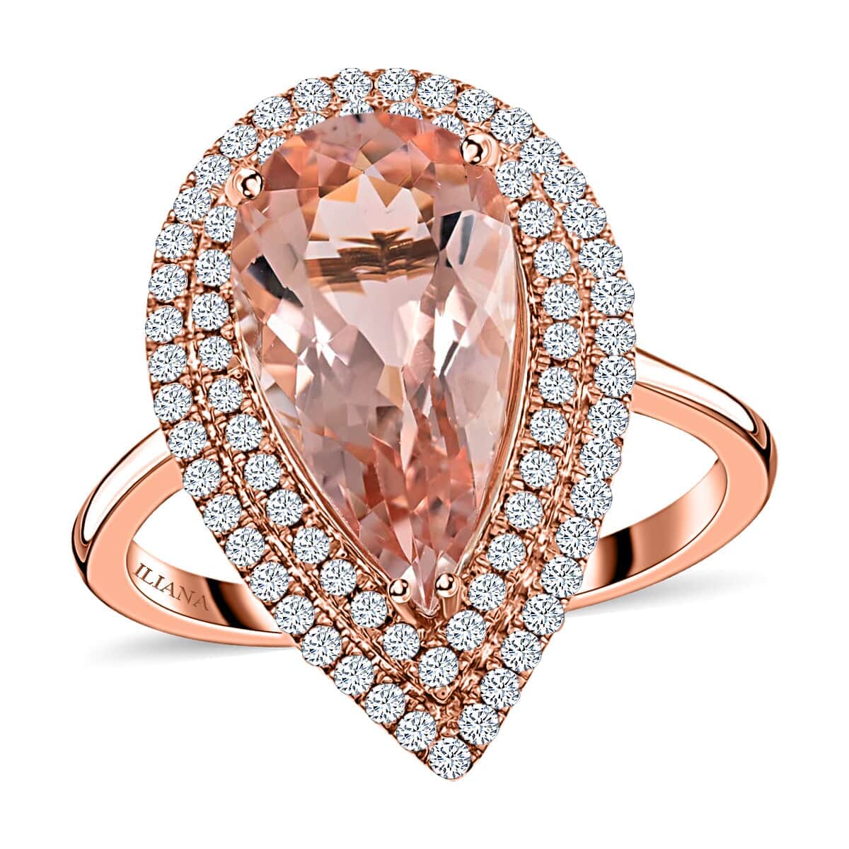 Certified and Appraised Iliana AAA Marropino Morganite and G-H SI Diamond 3.80 ctw Double Halo Ring in 18K Rose Gold (Size 7.5) 4.68 Grams image number 0