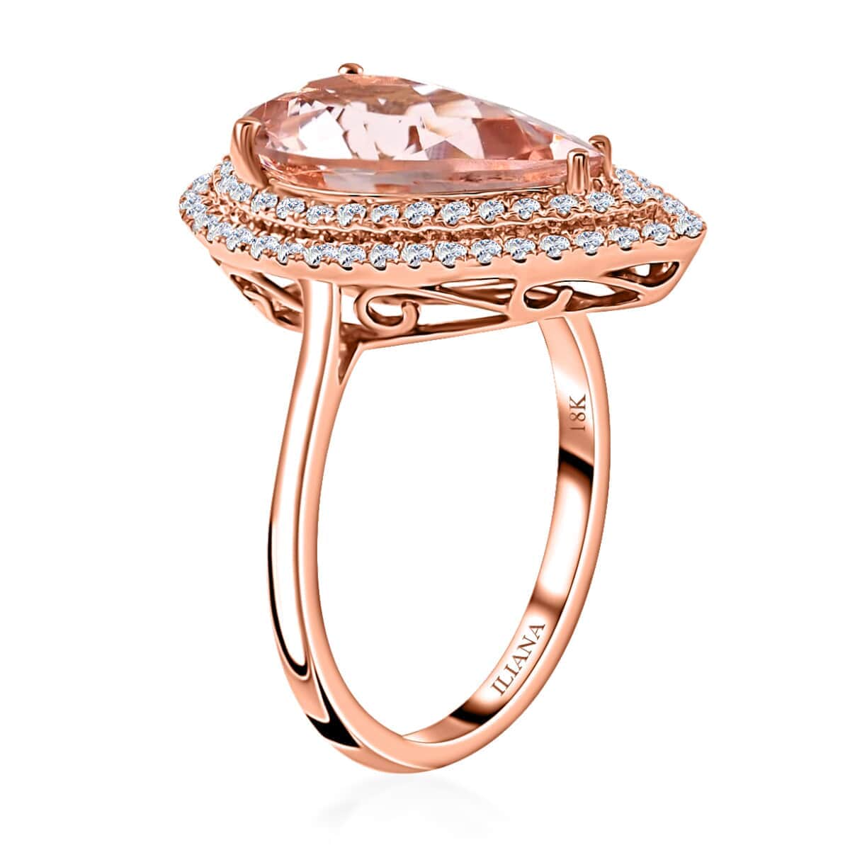 Certified and Appraised Iliana AAA Marropino Morganite and G-H SI Diamond 3.80 ctw Double Halo Ring in 18K Rose Gold (Size 7.5) 4.68 Grams image number 3