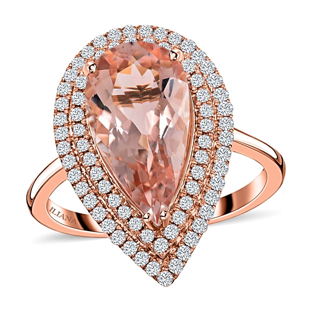 Certified and Appraised Iliana AAA Marropino Morganite and G-H SI Diamond 3.80 ctw Double Halo Ring in 18K Rose Gold (Size 8.5) 4.68 Grams image number 0