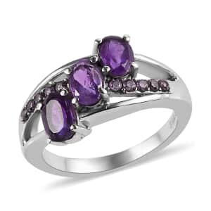 African Amethyst and Simulated Purple Diamond Ring in Stainless Steel (Size 5.0) 1.50 ctw