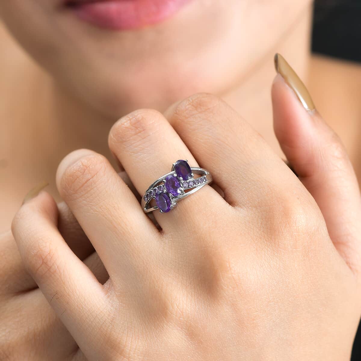 African Amethyst and Simulated Purple Diamond Ring in Stainless Steel (Size 6.0) 1.50 ctw image number 2