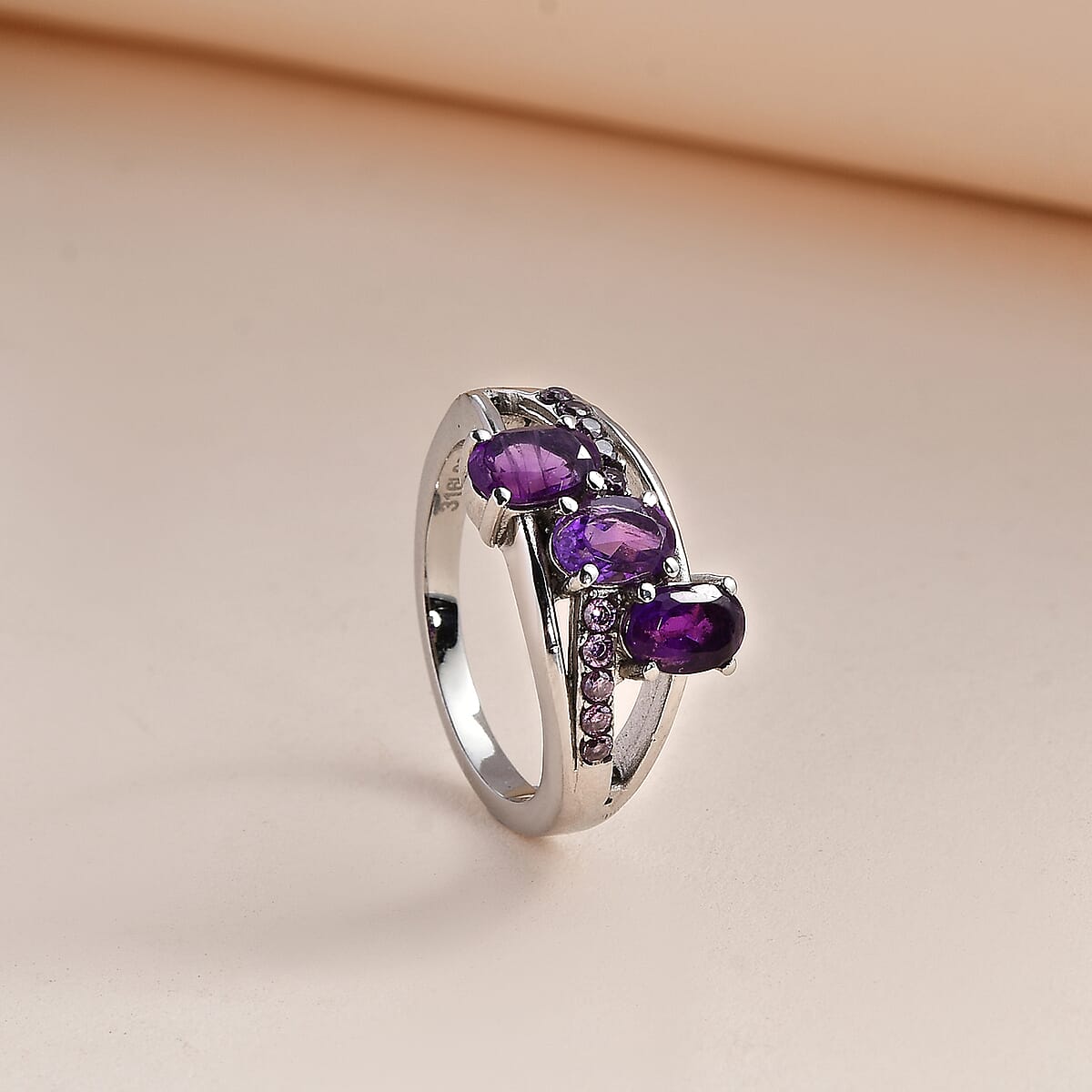 African Amethyst and Simulated Purple Diamond Ring in Stainless Steel (Size 7.0) 1.50 ctw image number 1