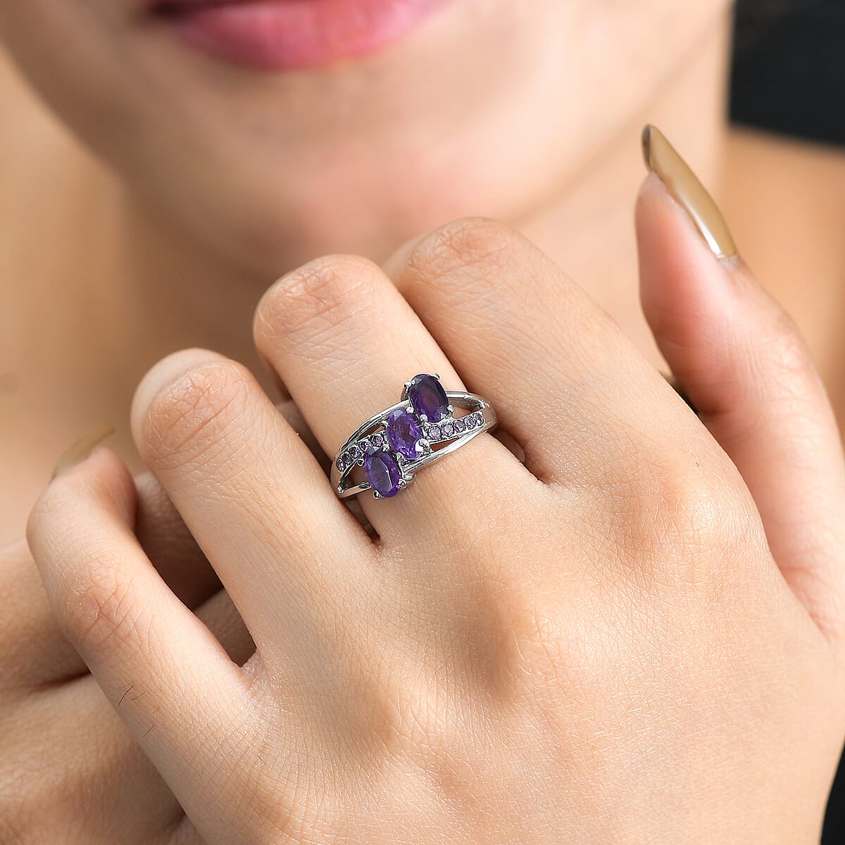 African Amethyst and Simulated Purple Diamond Ring in Stainless Steel (Size 7.0) 1.50 ctw image number 2