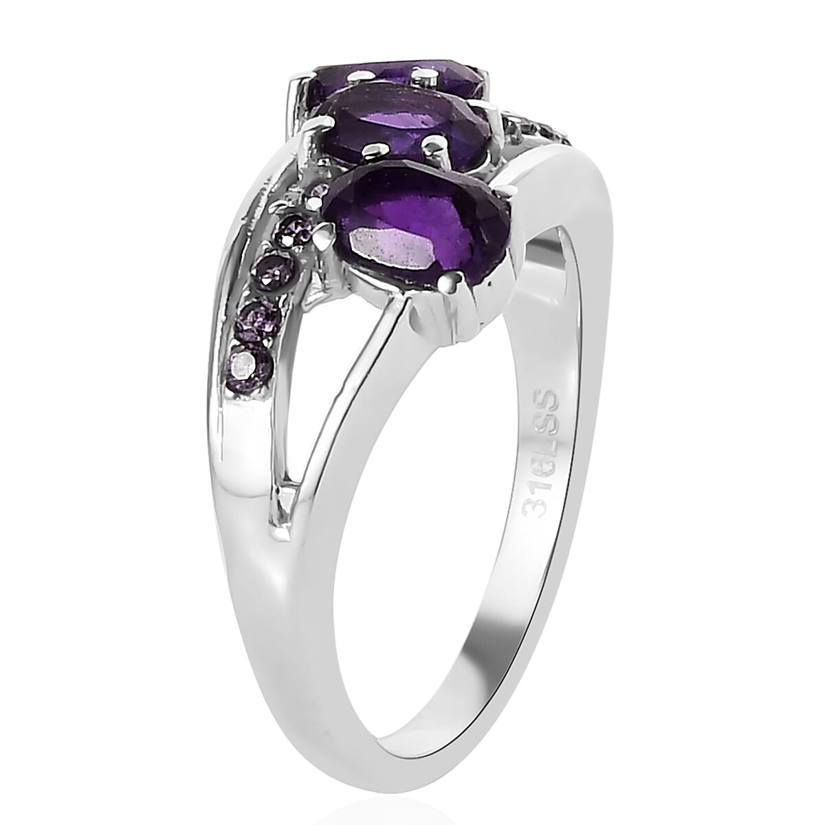 African Amethyst and Simulated Purple Diamond Ring in Stainless Steel (Size 7.0) 1.50 ctw image number 3