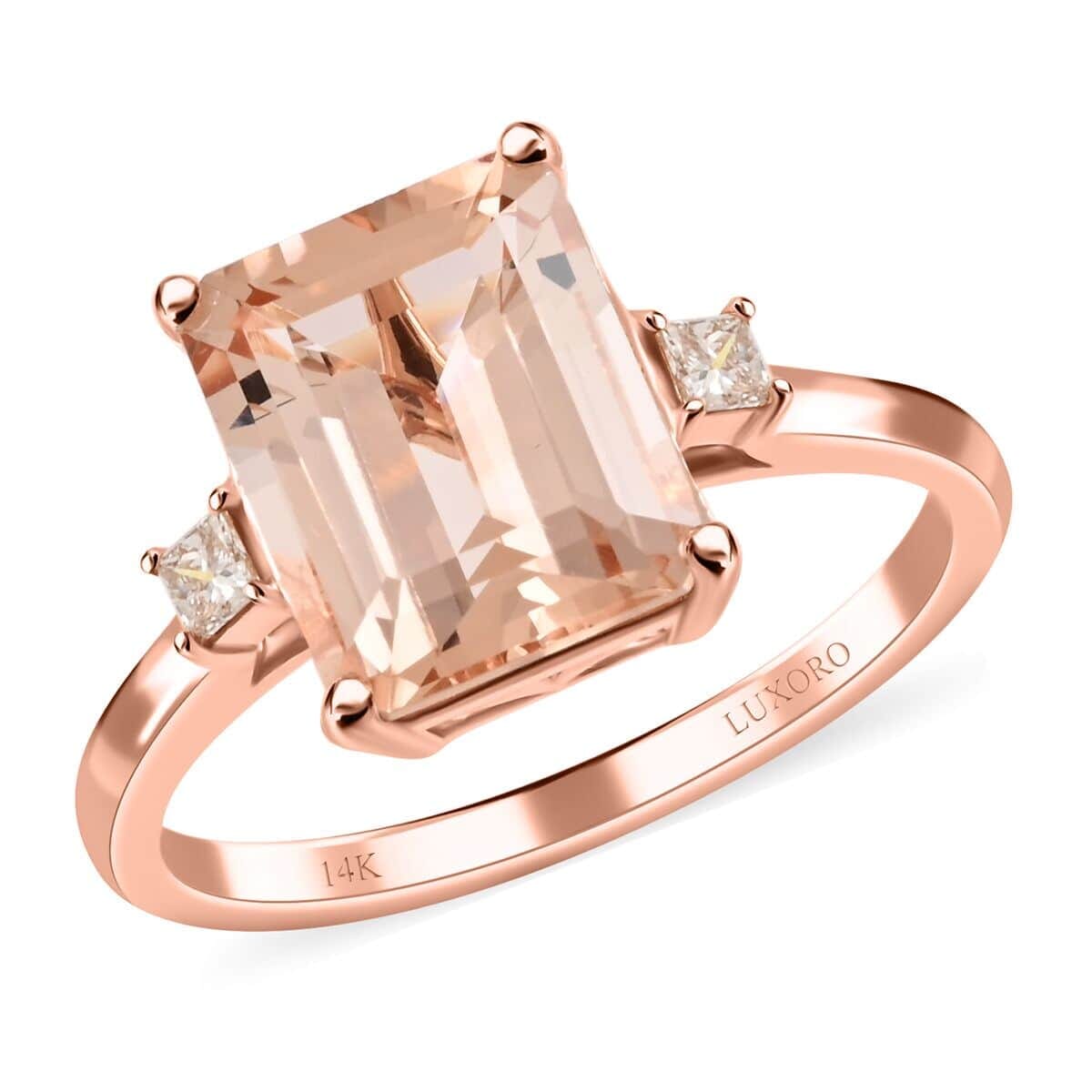 Certified and Appraised Luxoro 14K Rose Gold AAA Marropino Morganite and G-H I2 Diamond Ring (Size 5.0) 3.15 ctw image number 0