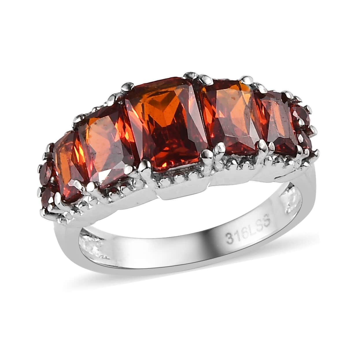 Simulated Red Diamond Stair Step Ring in Stainless Steel (Size 10.0) 4.10 ctw image number 0