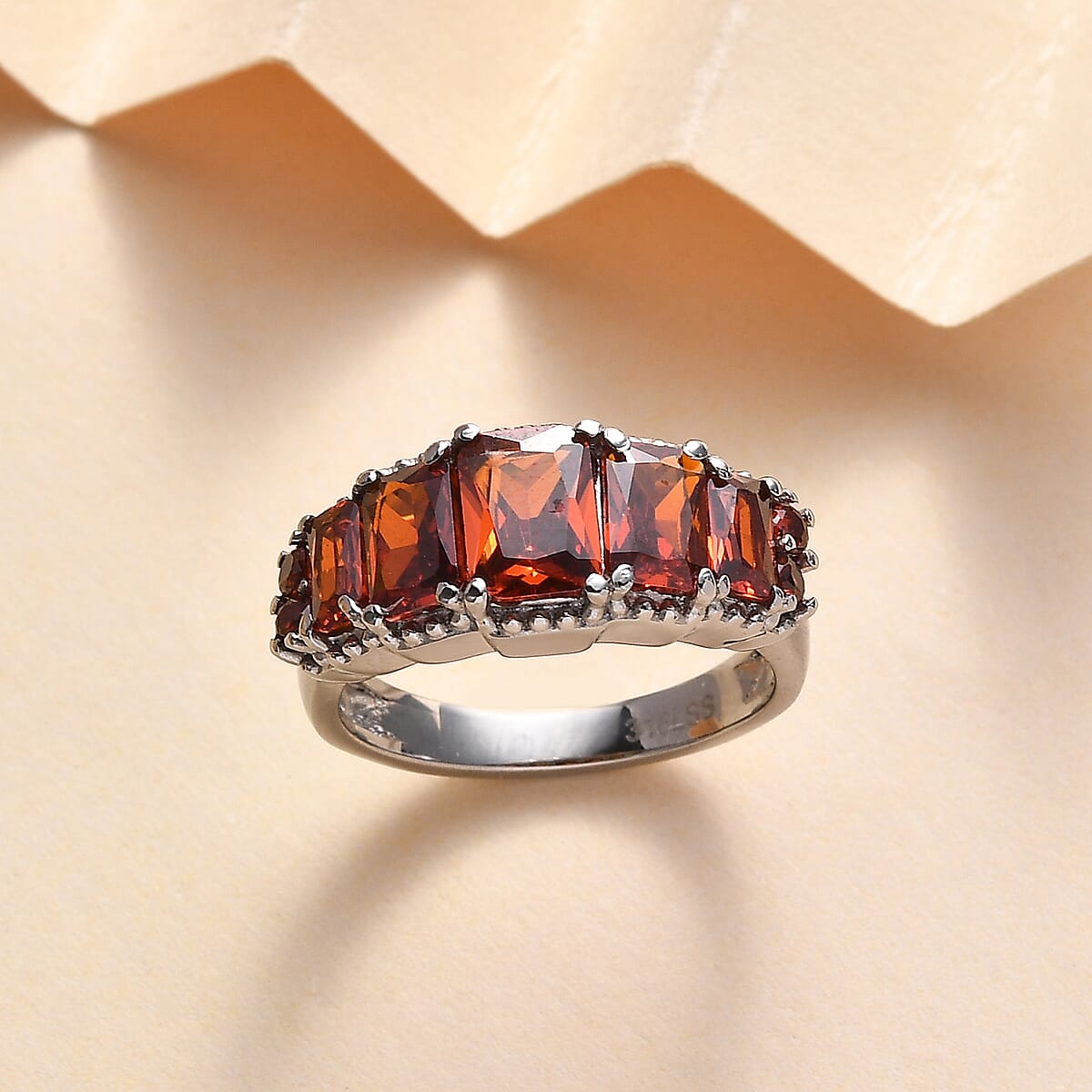 Simulated Red Diamond 4.10 ctw Stair Step Ring in Stainless Steel (Size 9.0) image number 1