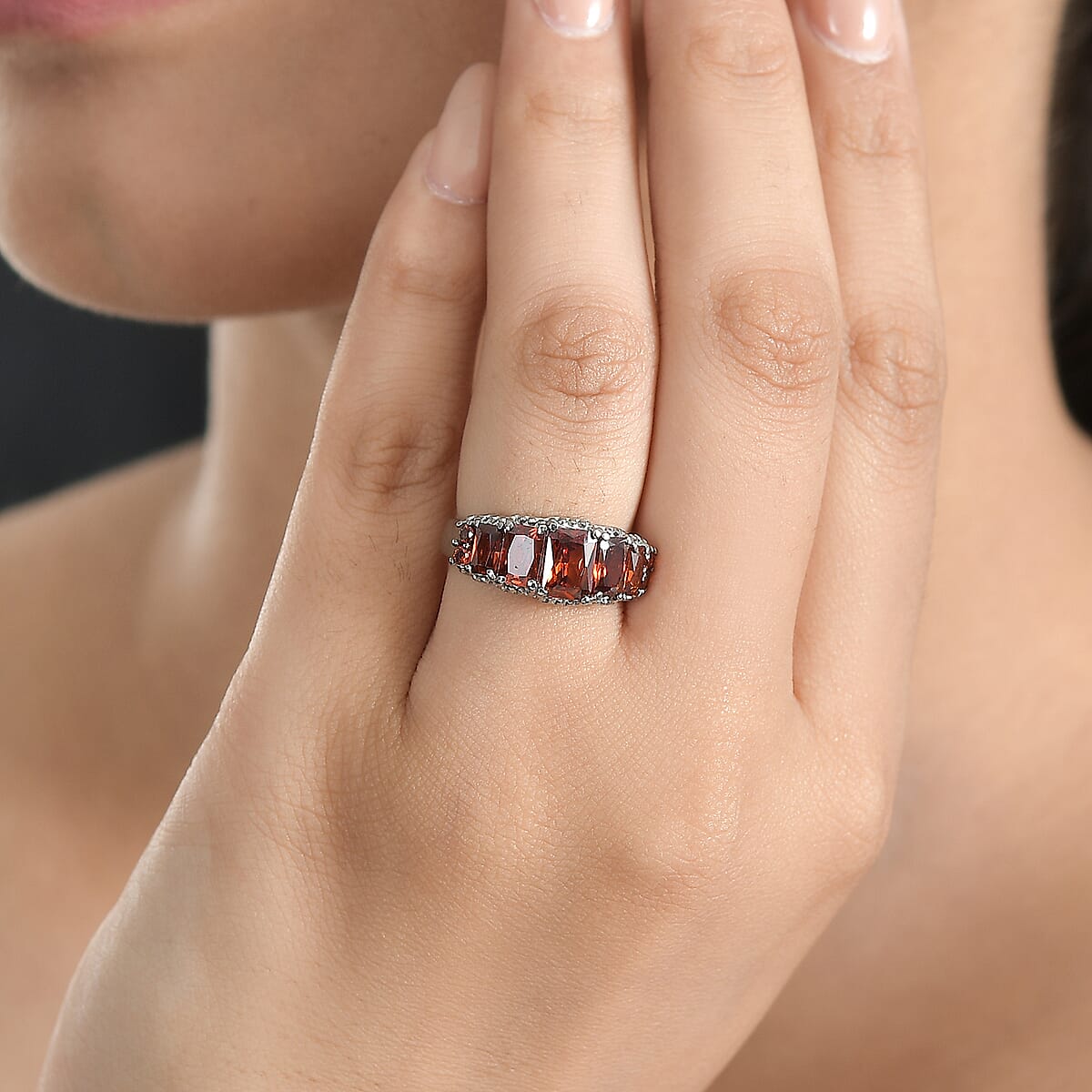 Simulated Red Diamond 4.10 ctw Stair Step Ring in Stainless Steel (Size 9.0) image number 2