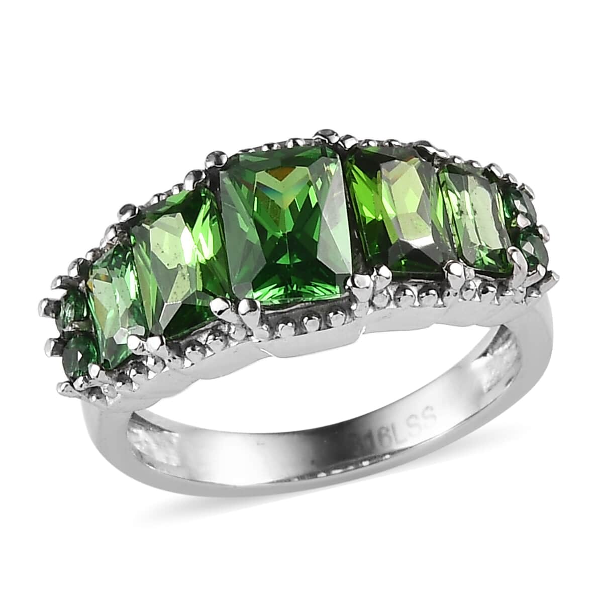 Simulated Green Diamond 4.15 ctw Stair Step Ring in Stainless Steel (Size 5.0) image number 0