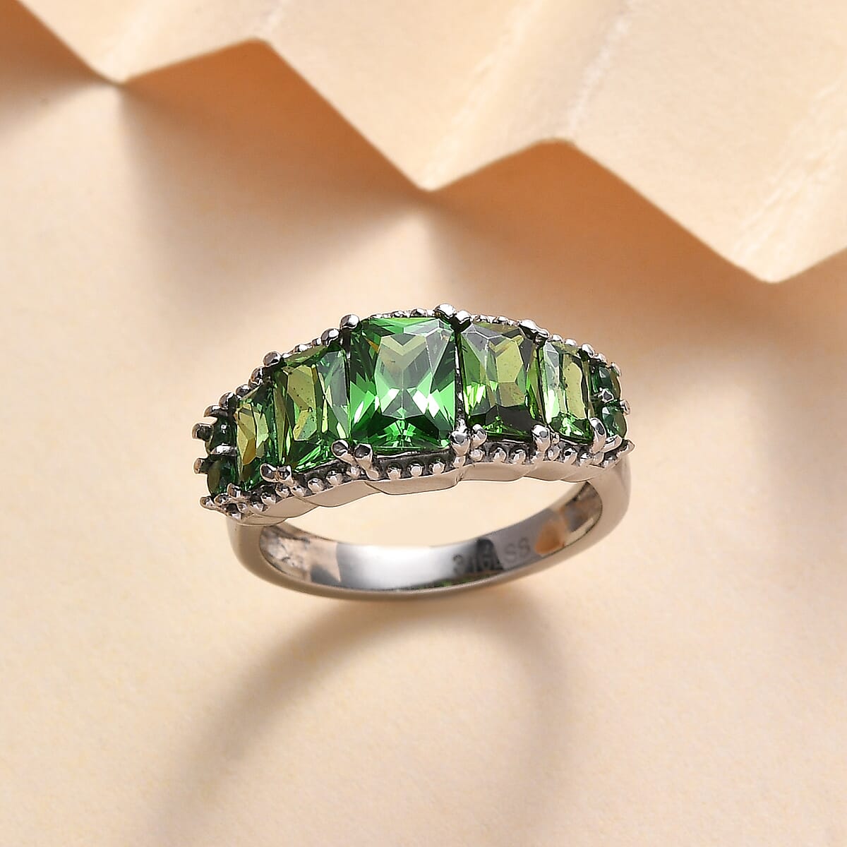 Simulated Green Diamond 4.15 ctw Stair Step Ring in Stainless Steel (Size 6.0) image number 1