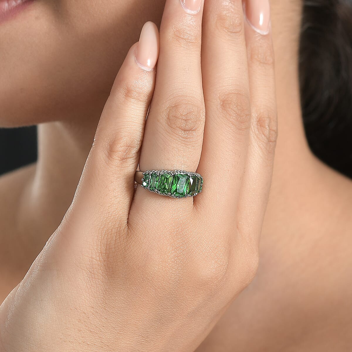 Simulated Green Diamond 4.15 ctw Stair Step Ring in Stainless Steel (Size 7.0) image number 2