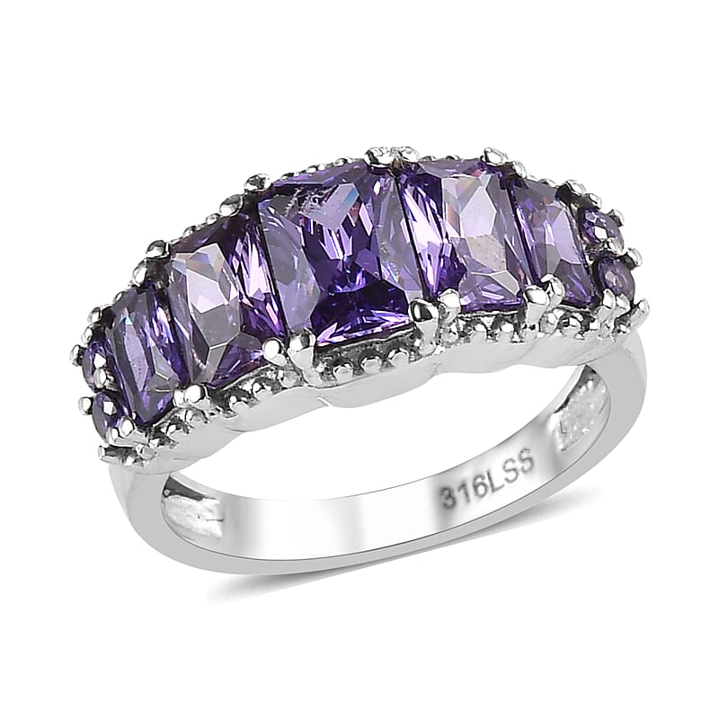 Simulated Blue Diamond 4.35 ctw Stair Step Ring in Stainless Steel (Size 6.0)