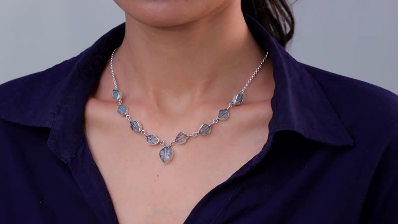 Indian Artistry Aquamarine Carved 21.50 ctw Leaf Necklace in Sterling Silver 18-20 Inches