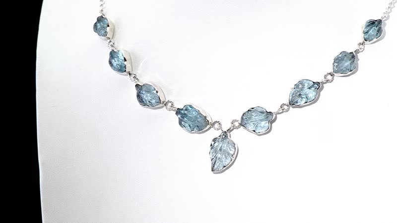 Indian Artistry Aquamarine Carved 21.50 ctw Leaf Necklace in Sterling Silver 18-20 Inches