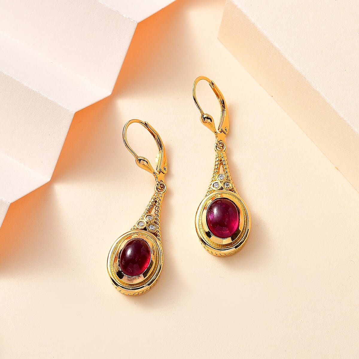 Premium African Ruby (FF) and Moissanite Lever Back Earrings in Vermeil Yellow Gold Over Sterling Silver 6.80 ctw image number 1