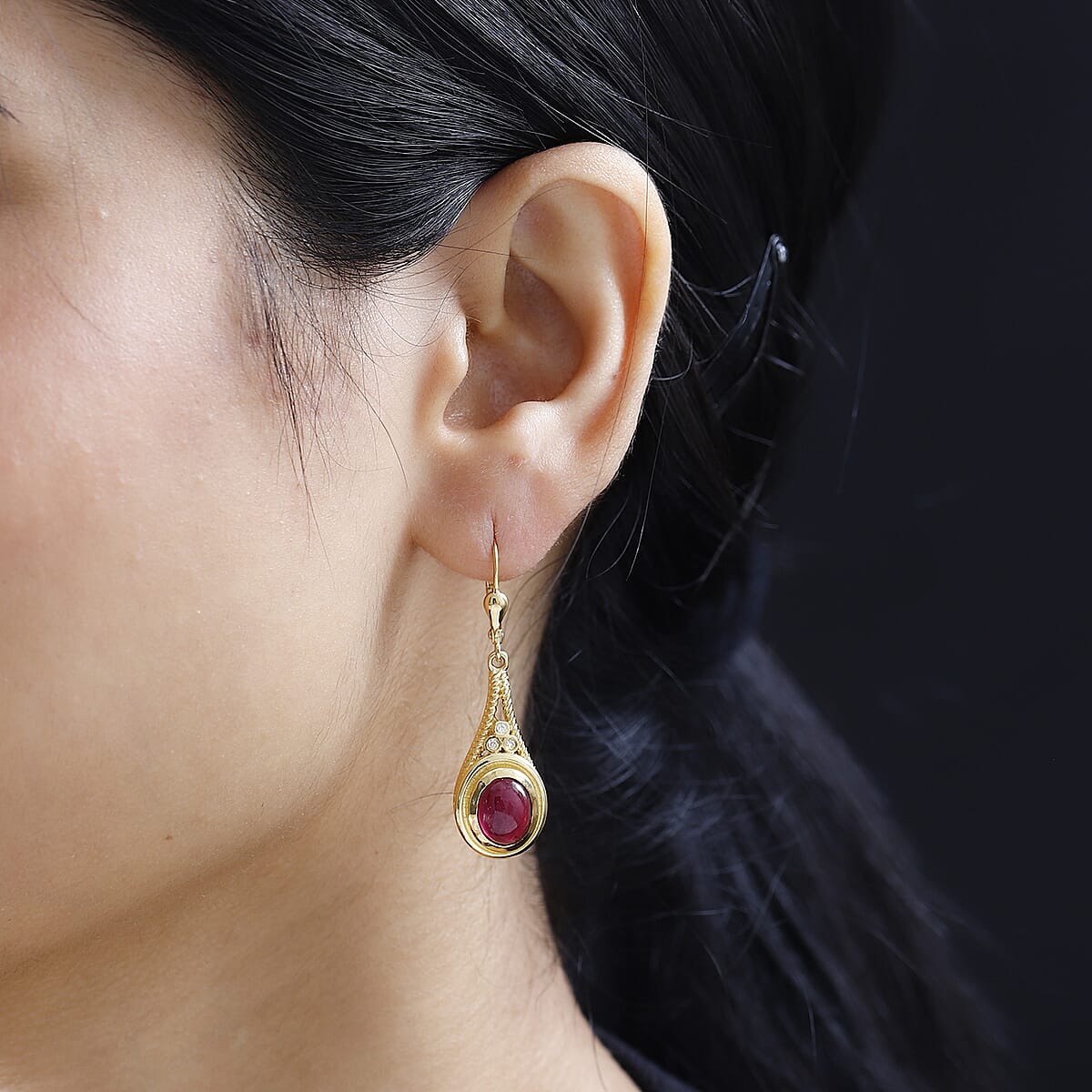 Premium African Ruby (FF) and Moissanite Lever Back Earrings in Vermeil Yellow Gold Over Sterling Silver 6.80 ctw image number 2