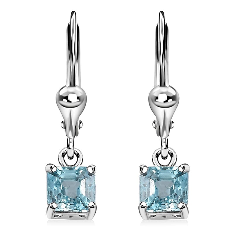 Asscher Cut Cambodian Blue Zircon Lever Back Earrings in Platinum Over Sterling Silver 2.00 ctw