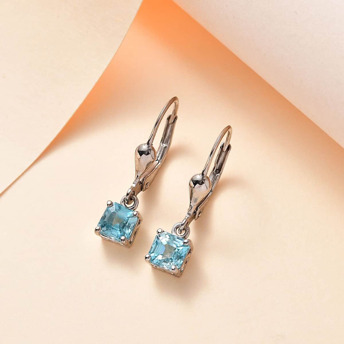 Asscher Cut Cambodian Blue Zircon Lever Back Earrings in Platinum Over Sterling Silver 2.00 ctw image number 1
