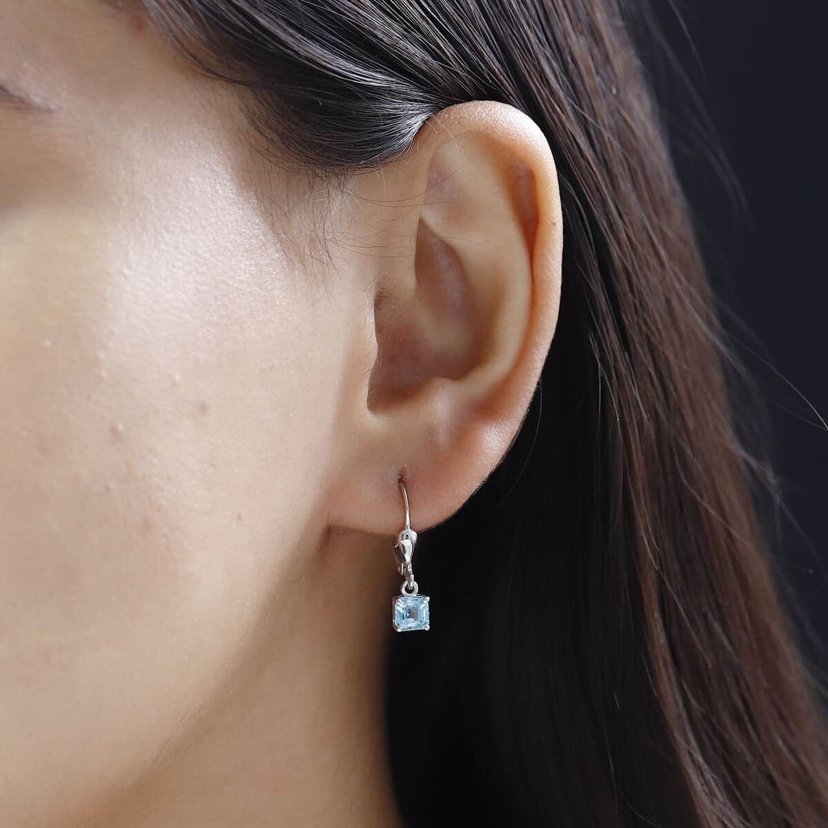 Asscher Cut Cambodian Blue Zircon Lever Back Earrings in Platinum Over Sterling Silver 2.00 ctw image number 2