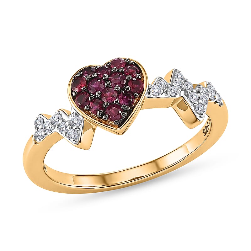 Premium Ruby and White Zircon 0.55 ctw Heart Ring in 18K Vermeil Yellow Gold Over Sterling Silver (Size 7.0)