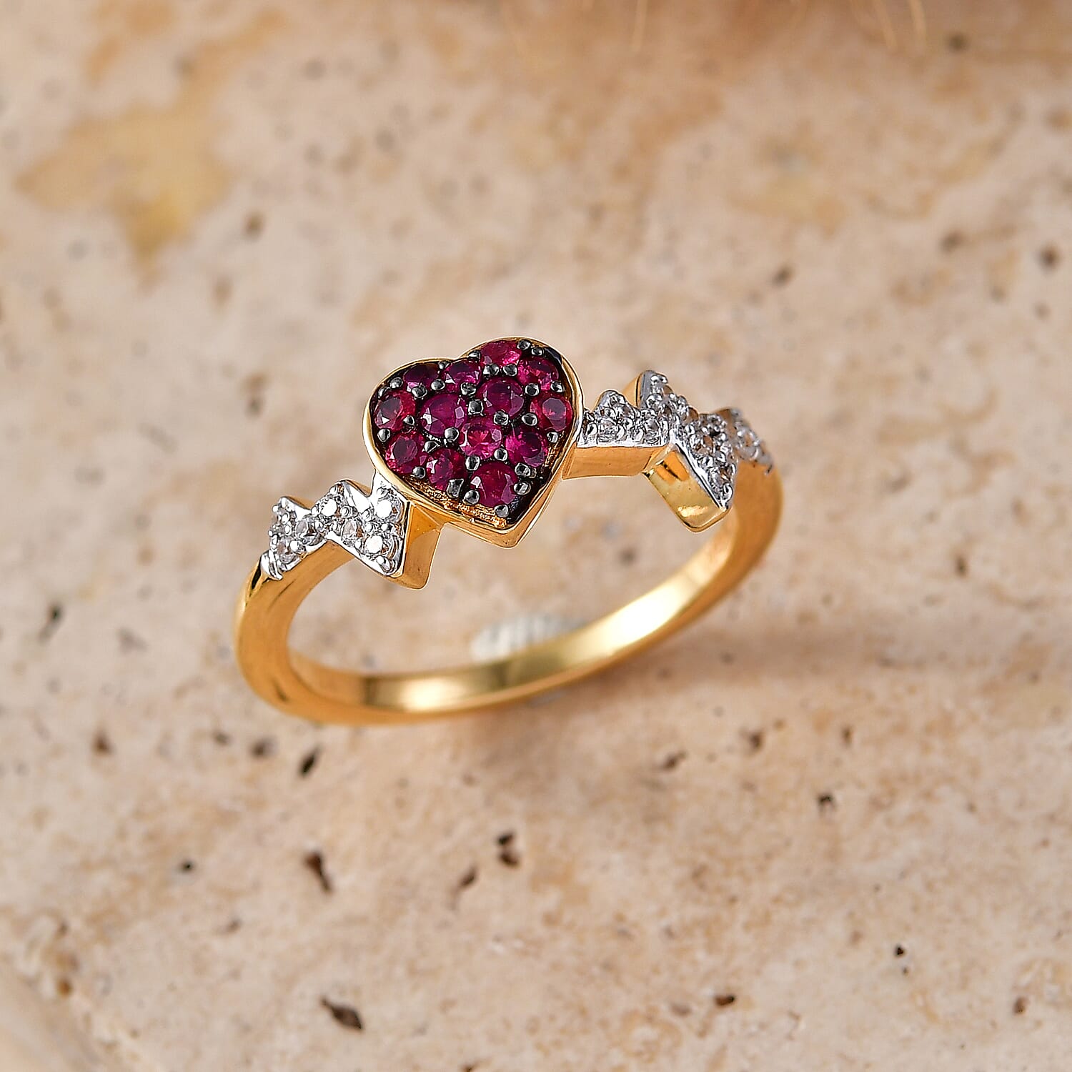 Premium Ruby and White Zircon 0.55 ctw Heart Ring in 18K Vermeil Yellow Gold Over Sterling Silver (Size 7.0)