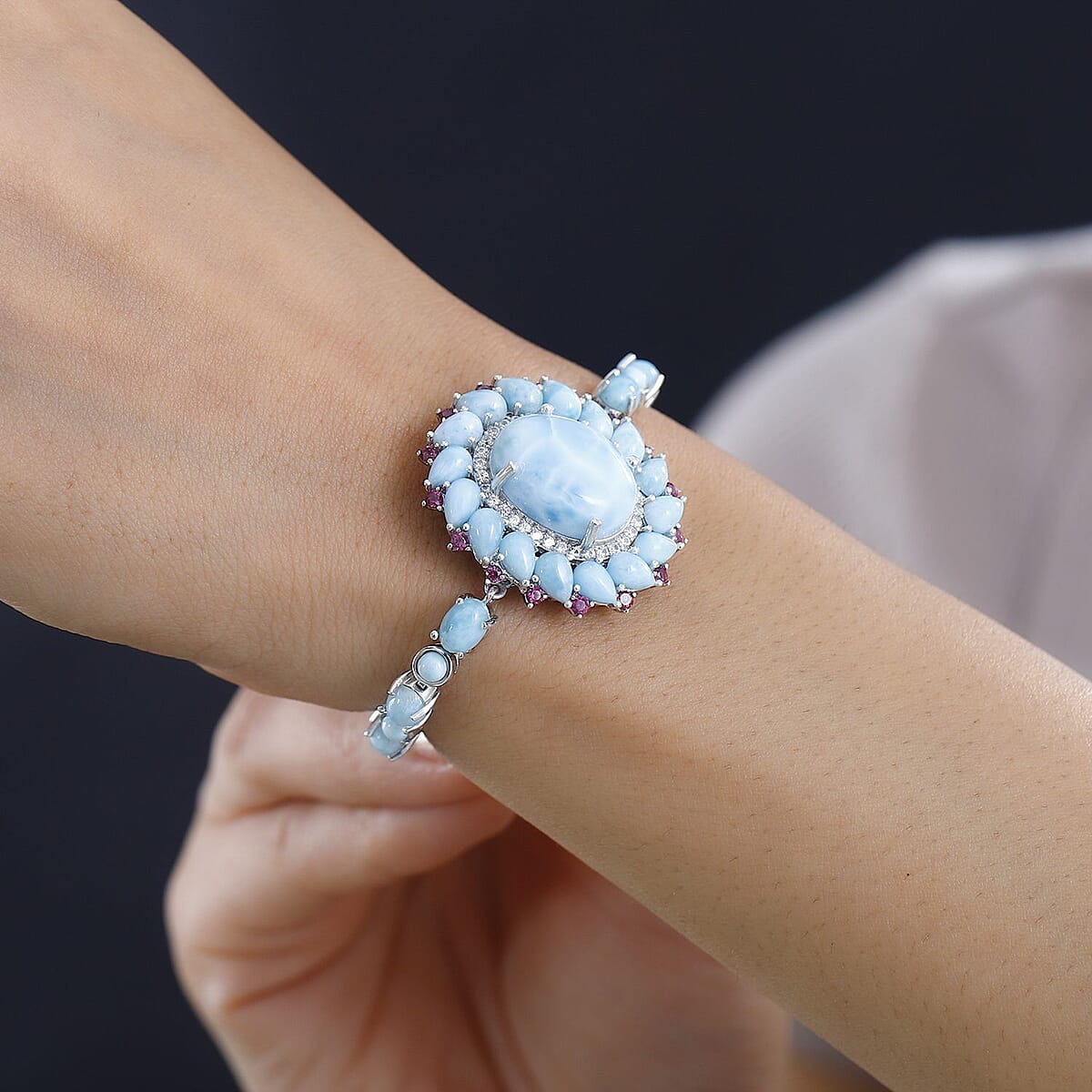 D'Joy Larimar and Multi Gemstone Flower Bracelet in Platinum Over Sterling Silver (8.00 In) 38.00 ctw image number 2
