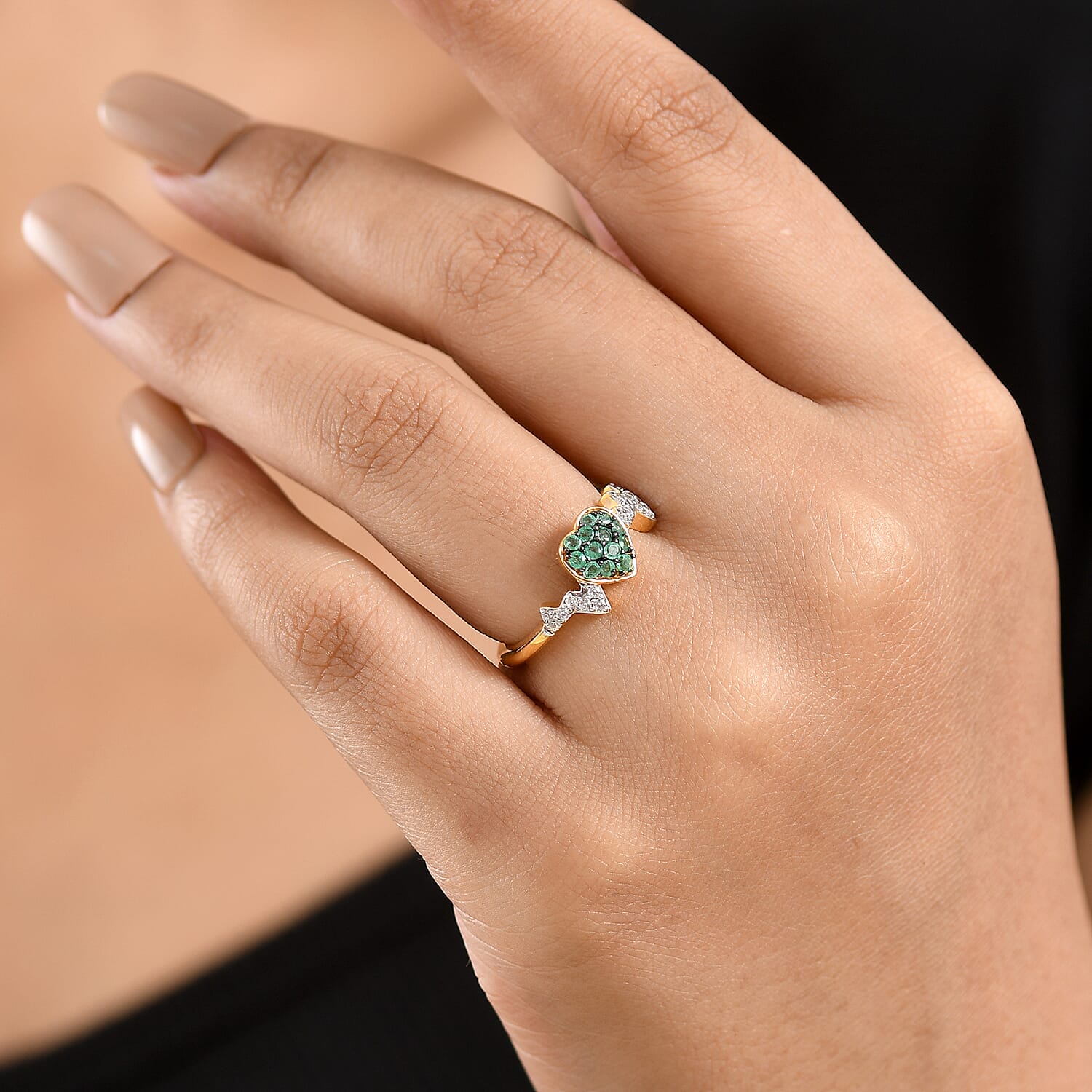 Premium Emerald and White Zircon 0.40 ctw Heart Ring in 18K Vermeil Yellow Gold Over Sterling Silver (Size 6.0)