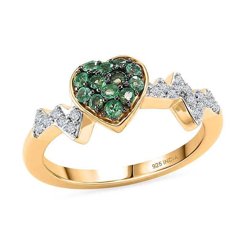 Premium Emerald and White Zircon 0.40 ctw Heart Ring in 18K Vermeil Yellow Gold Over Sterling Silver (Size 7.0)