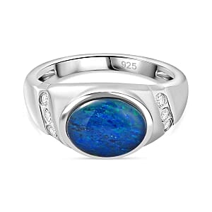 Boulder Opal Triplet and White Zircon 1.89 ctw Ring in Rhodium Over Sterling Silver (Size 11.5)