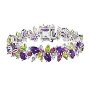 Multi Gemstone Plum Blossom Bracelet in Platinum Over Sterling Silver (6.50 In) 31.00 ctw