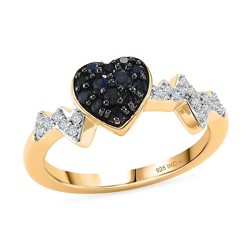 Premium Blue Sapphire and White Zircon 0.40 ctw Heart Ring in 18K Vermeil Yellow Gold Over Sterling Silver (Size 7.0)