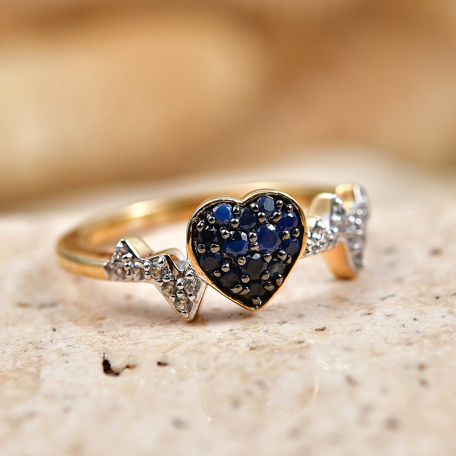 Premium Blue Sapphire and White Zircon 0.40 ctw Heart Ring in 18K Vermeil Yellow Gold Over Sterling Silver (Size 7.0)