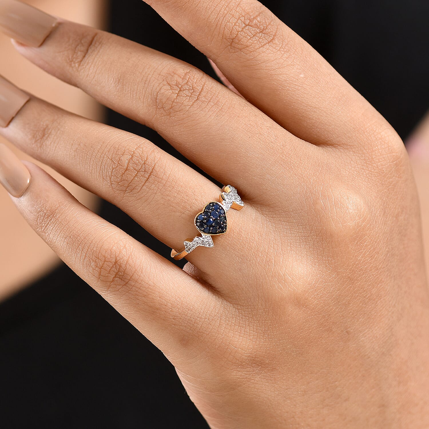 Premium Blue Sapphire and White Zircon 0.40 ctw Heart Ring in 18K Vermeil Yellow Gold Over Sterling Silver (Size 7.0)