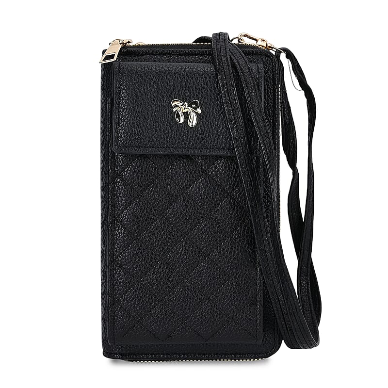 Black Faux Leather Multi-Purpose Crossbody Cellphone Bag with Detachable Shoulder Strap