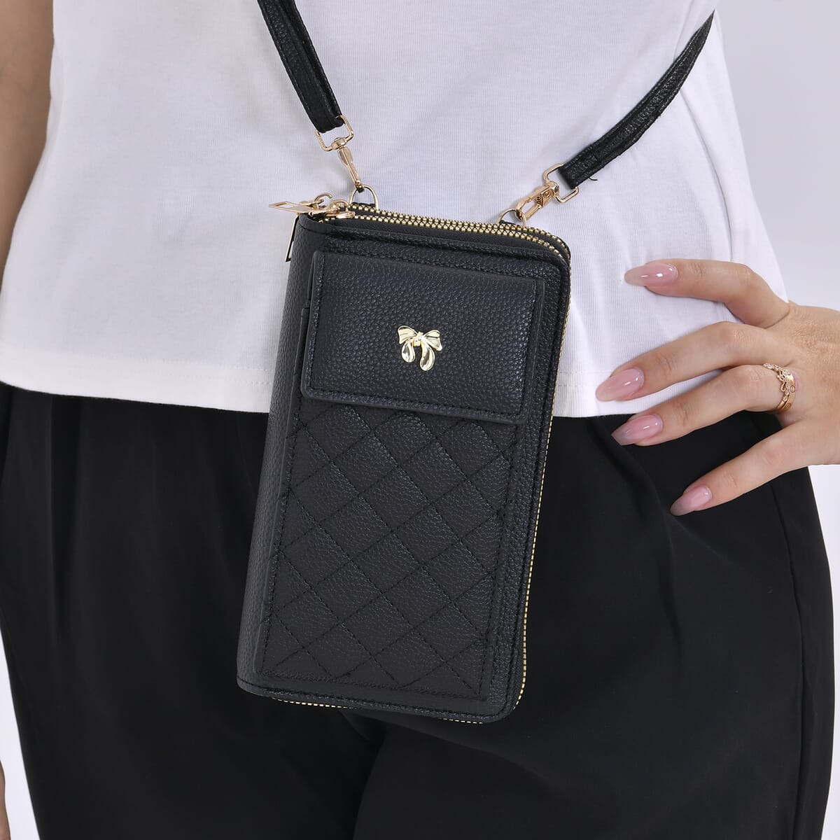 Black Faux Leather Multi-Purpose Crossbody Cellphone Bag with Detachable Shoulder Strap image number 2