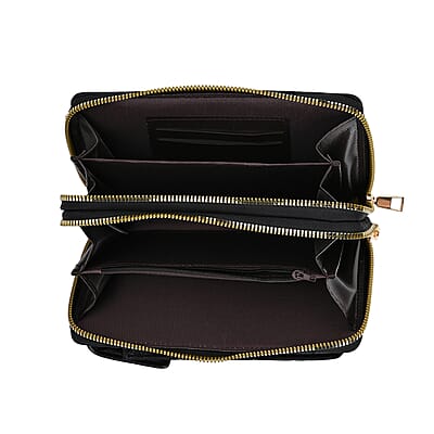 Black Faux Leather Multi-Purpose Crossbody Cellphone Bag with Detachable Shoulder Strap