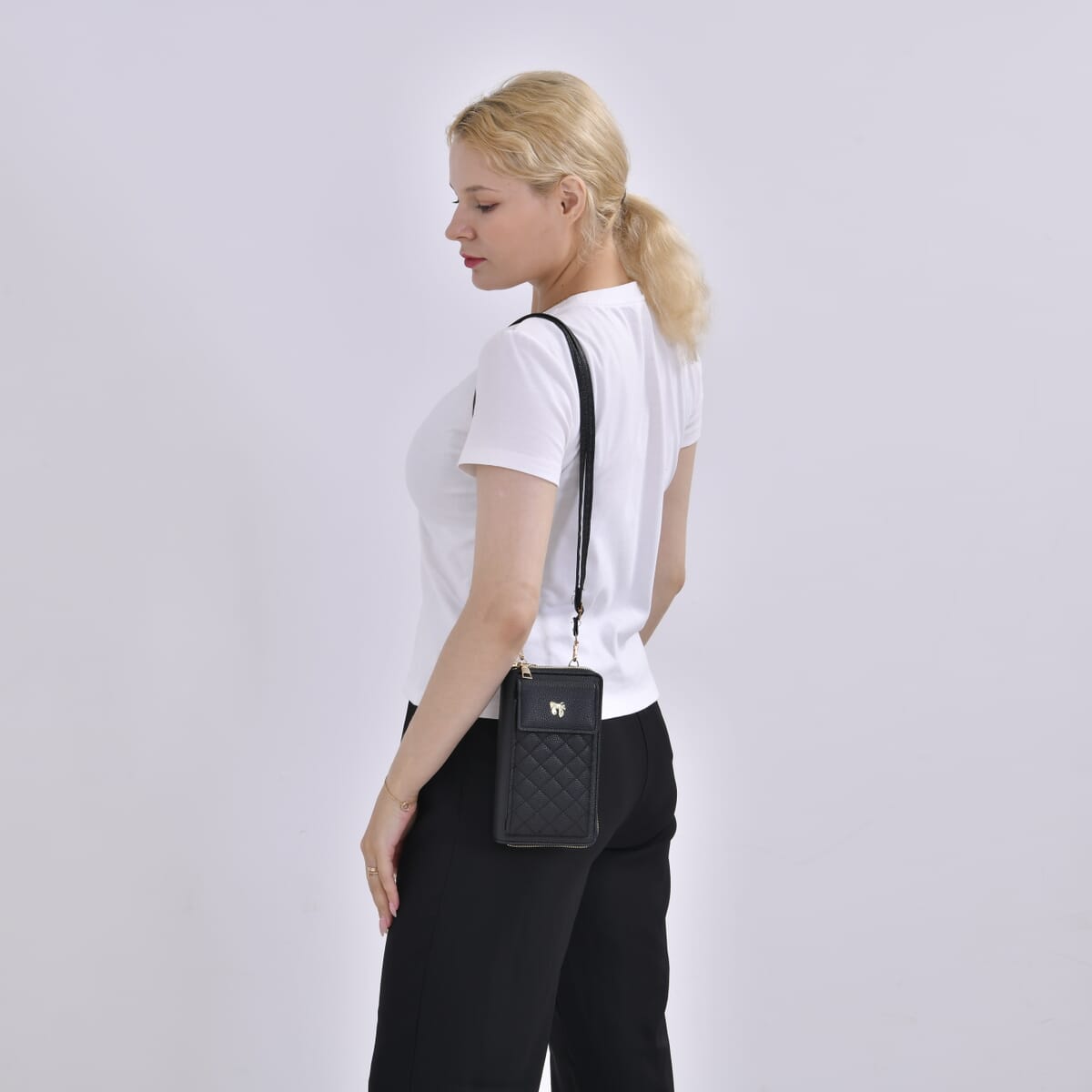 Black Faux Leather Multi-Purpose Crossbody Cellphone Bag with Detachable Shoulder Strap image number 7
