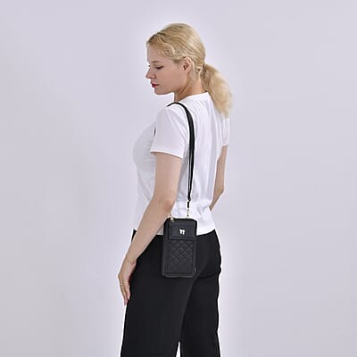 Black Faux Leather Multi-Purpose Crossbody Cellphone Bag with Detachable Shoulder Strap