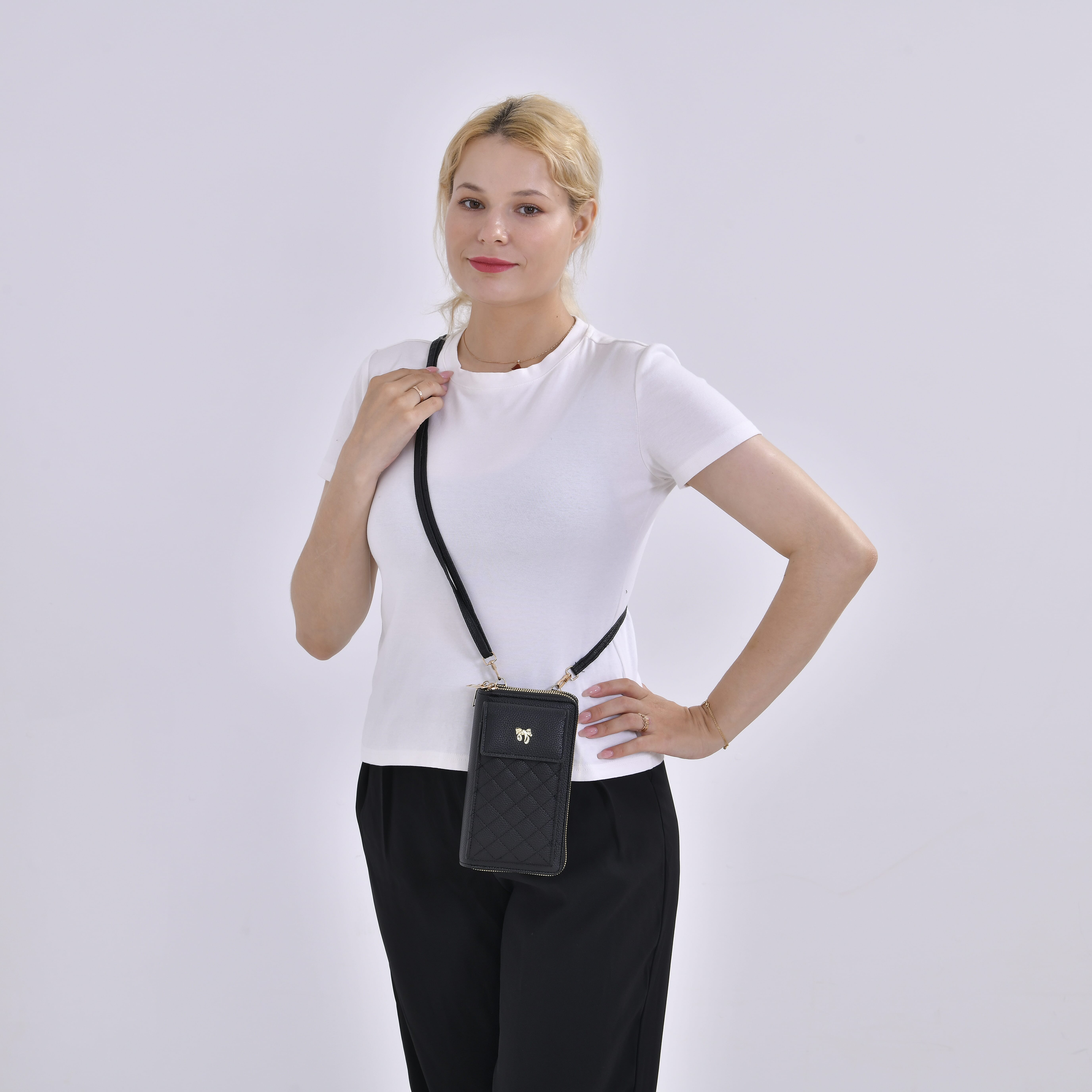 Black Faux Leather Multi-Purpose Crossbody Cellphone Bag with Detachable Shoulder Strap
