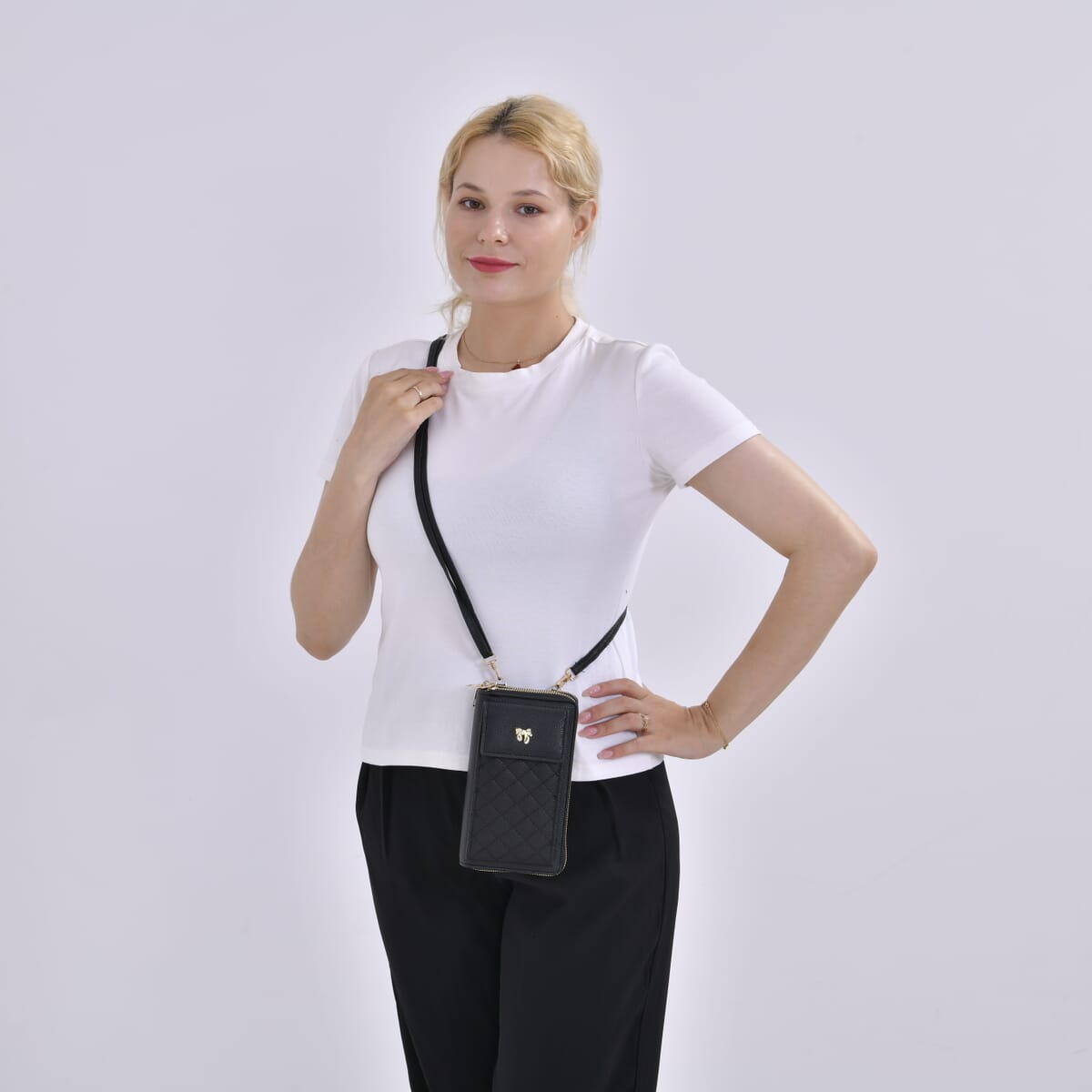 Black Faux Leather Multi-Purpose Crossbody Cellphone Bag with Detachable Shoulder Strap image number 8