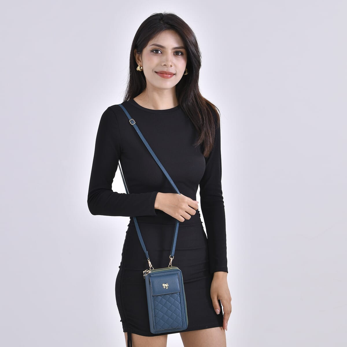 Navy Faux Leather Multi-Purpose Crossbody Cellphone Bag with Detachable Shoulder Strap image number 1