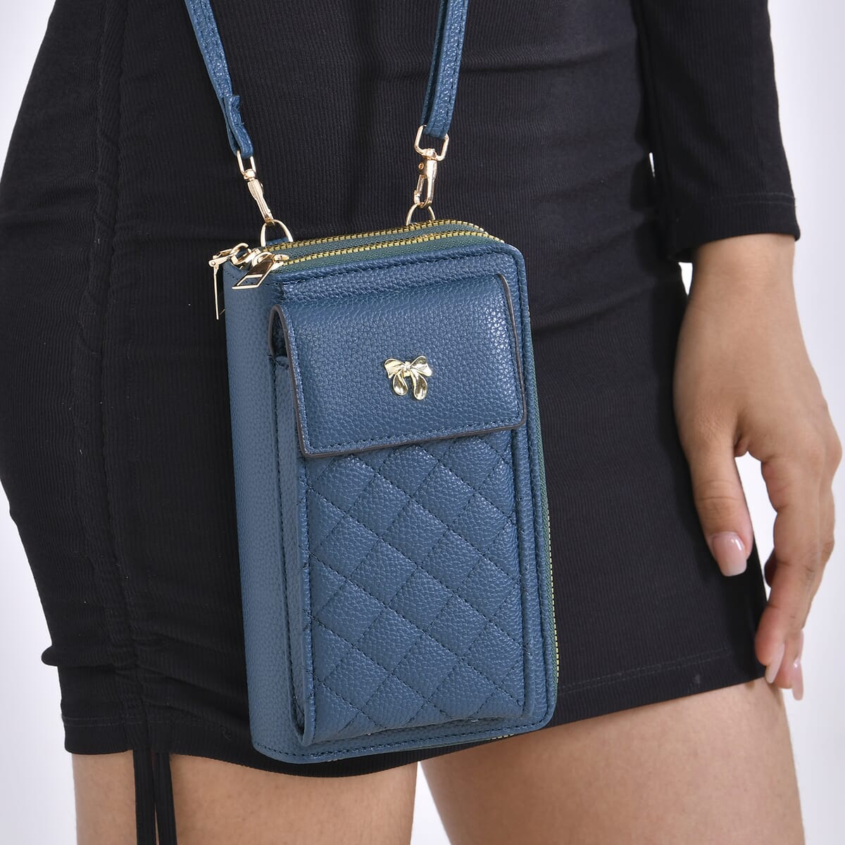 Navy Faux Leather Multi-Purpose Crossbody Cellphone Bag with Detachable Shoulder Strap image number 2