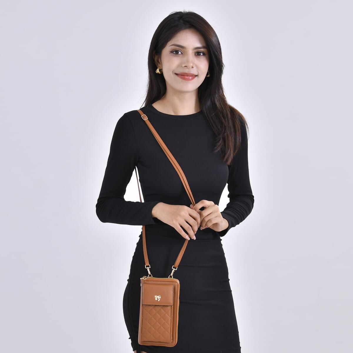 Brown Faux Leather Multi-Purpose Crossbody Cellphone Bag with Detachable Shoulder Strap image number 1