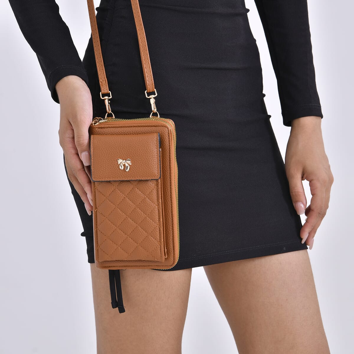 Brown Faux Leather Multi-Purpose Crossbody Cellphone Bag with Detachable Shoulder Strap image number 2