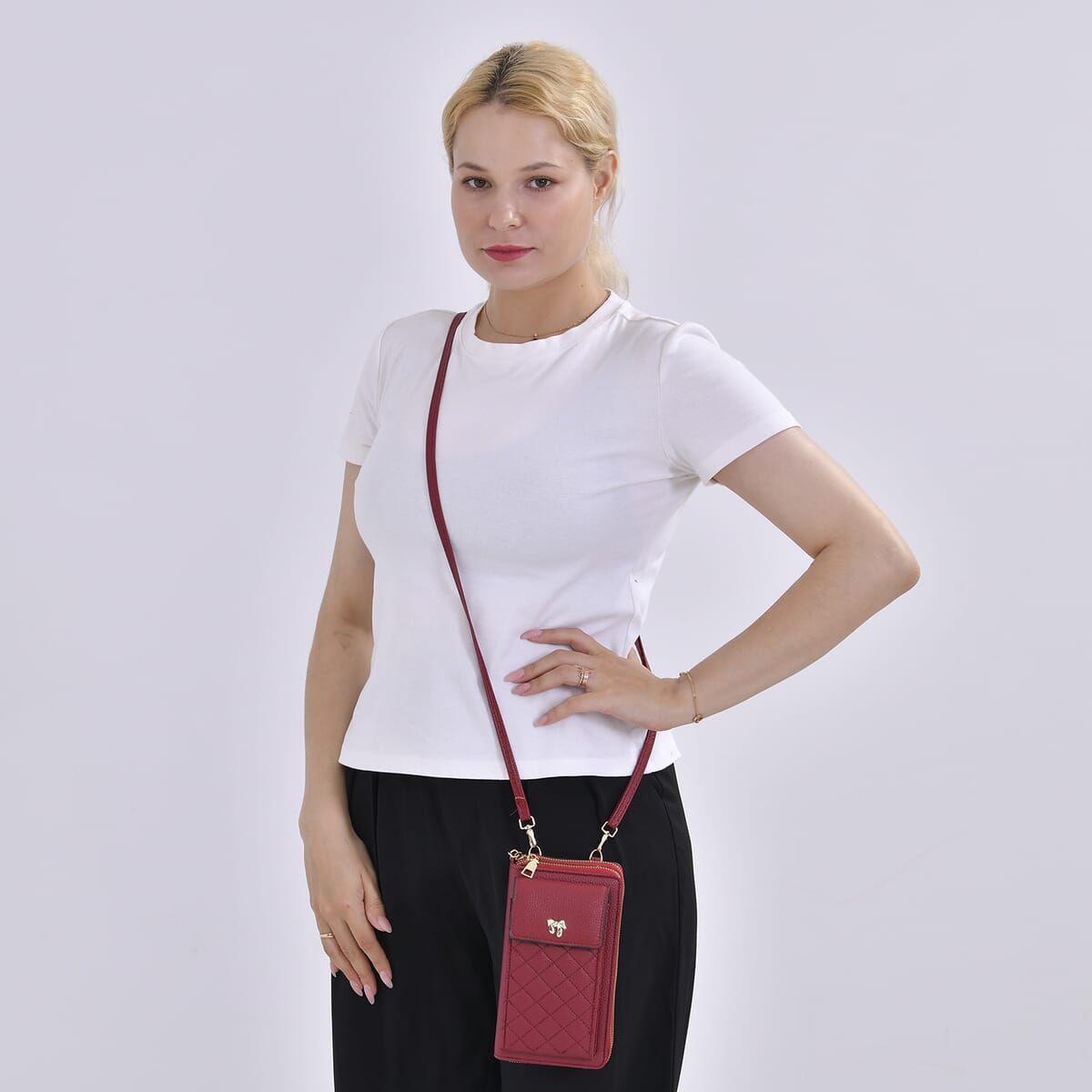 Burgundy Faux Leather Multi-Purpose Crossbody Cellphone Bag with Detachable Shoulder Strap image number 1